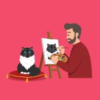 Man Painting Cat Portrait on Canvas with Brush and Palette vector