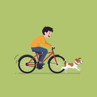 Boy Riding Bicycle While Dog Running Alongside on Green Background vector