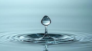 A single water droplet poised atop ripples. A captivating close-up of a water droplet's impact and subsequent ripples. Crystal-clear, perfectly-shaped droplet photo