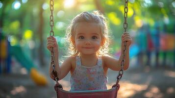 A little girl enjoys a sunny swing set photo