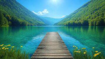 Wooden dock, serene mountain lake, summer, idyllic scene, travel poster photo