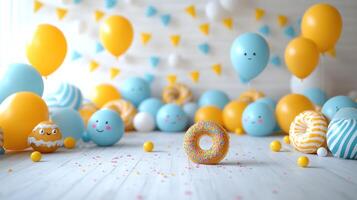 A joyful, colorful party scene. A donut sits amidst balloons, sprinkles, and decorations photo