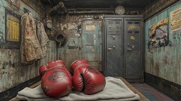 Worn boxing gloves rest on bench in gritty locker room photo