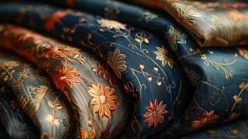 Close-up view of a stack of patterned fabrics with floral embroidery. photo