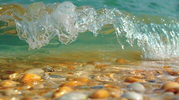 Close-up of a wave crashing on a beach with small rocks. Transparent, foamy water, shallow depth, golden pebbles, sunlit. photo