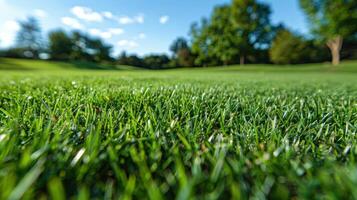 Close-up view of a meticulously maintained golf course fairway. Lush, vibrant green grass fills the foreground, with a slightly out-of-focus view of trees and a partly cloudy sky beyond. photo
