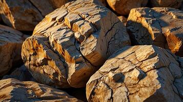 rough limestone rock surface with weathered grooves, illuminated by the golden light of sunset. Emphasize the intricate details and depth of the grooves. photo