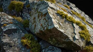 smooth granite boulder with lichen growth, illuminated by soft, overcast lighting that brings out the subtle color variations and textures. Show the gentle shadows. photo