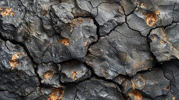 Close-up view of cracked, dark gray and black textured surface. Dry, cracked earth, volcanic rock, or asphalt with fissures and patterns. photo