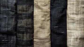 Close-up view of various fabric samples, exhibiting intricate patterns and textures in dark and light colors. photo
