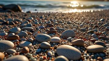 smooth pebble beach with a variety of rock surfaces, illuminated by soft, early morning light. Capture the subtle color variations and gentle shadows photo