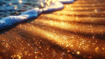 Golden beach sand texture with waves. Sunlight gleams on wet, sparkling sand. Close-up view of ocean wave on shore. photo