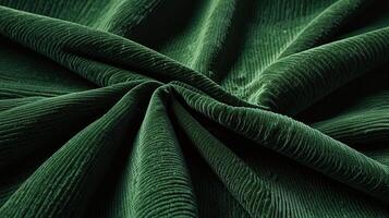 textured corduroy cloth surface in forest green, under harsh midday sun, showcasing the visible ridges and rich color. Include sharp, high-contrast shadows photo