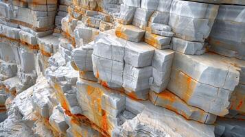 Close-up view of textured white and orange rock face. Layered, rough, and blocky stone formations. Natural geological patterns. photo