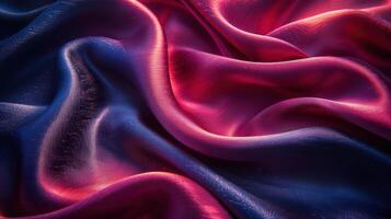 Close-up view of vibrant, flowing, multicolored silk fabric with soft folds and smooth texture. photo