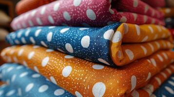 Colorful fabric stacks with polka dots. Stacked colorful fabric with a polka dot pattern. Various shades of fabric, including pinks, purples, oranges, and blues. Close-up view. photo