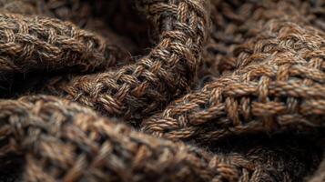 Close-up view of a textured, brown and gray knitted fabric. Intricate pattern of interwoven threads. Detailed closeup of a warm, cozy knit. photo