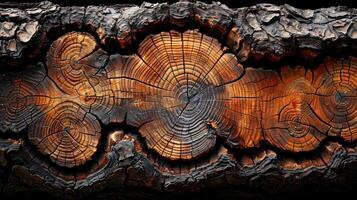 Close-up of charred and uncharred tree trunk sections with visible growth rings. photo