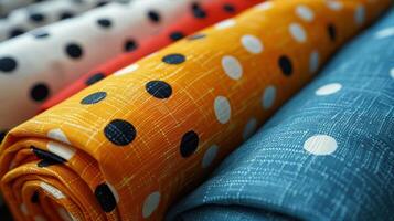 Rolled up fabric swatches in various colors with polka dots. Close-up view of colorful, patterned fabric rolls. photo