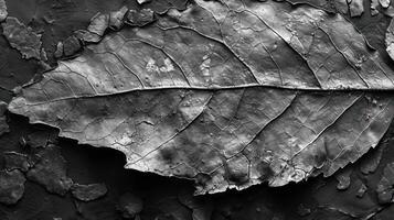Close-up of a weathered leaf on a textured surface. Detailed view of leaf's intricate veins and cracked texture, layered on a dark, rough surface. photo