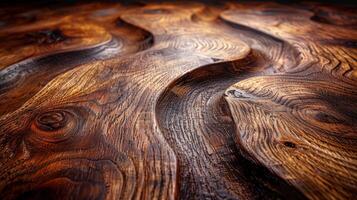 Close-up view of a dark, wood surface with sculpted, wavy patterns. photo