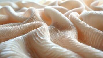 Close-up view of soft, peach-colored, textured fabric with subtle ripples and folds. photo