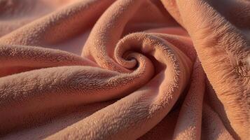 soft fleece cloth surface in pastel pink, under the warm, golden light of sunset, emphasizing the plush texture and gentle color. Include long shadows photo