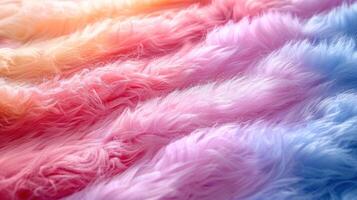 Close-up view of multicolored fluffy faux fur fabric with rainbow gradient colors. photo