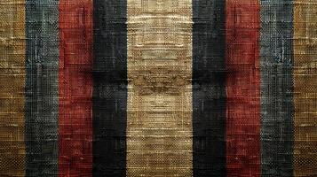Close up of a textured fabric with vertical stripes of various colors, showing signs of age and wear. photo