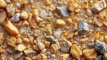 Close-up of multicolored small stones and sand. Texture of various rock fragments and grains. photo