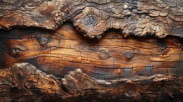 charred wood with deep cracks and textures. Natural wood grain patterns with dark burnt areas. photo