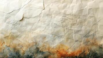 Crinkled, stained paper texture with cracks and streaks of color. photo