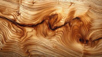 Close-up view of a wood grain texture with intricate patterns and knots. photo