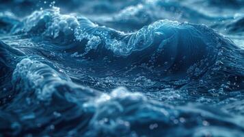 Abstract close-up view of deep blue ocean waves, textured with frothy white water, sparkling with light, showing details of water movement and patterns. photo