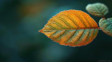 Close-up of a vibrant autumn leaf with dew drops, showcasing intricate vein patterns and a gradient of orange and green hues. photo