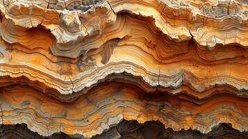 Detailed close-up view of layered, orange and grey rock formations with intricate patterns. photo