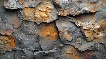 Textured surface of cracked, weathered, and layered rock. Detailed close-up view of a stone or metal surface with deep cracks and varied tones of gray and orange-brown. photo