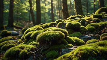 moss-covered rock surface in a forest, illuminated by dappled sunlight filtering through the trees. Show the soft, diffused light highlighting the rich green hues and the texture of the moss. photo