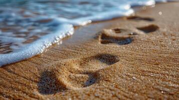 Footsteps in wet sand at the beach's edge, waves lapping. photo