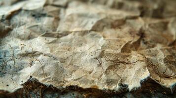 Close-up of crumpled aged paper texture with visible fibers. photo