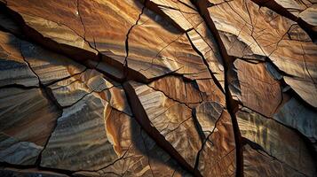 cracked shale rock surface illuminated by warm, late afternoon light, highlighting the fine layers and unique patterns. Capture the interplay of light and shadow that emphasizes the rock's texture. photo