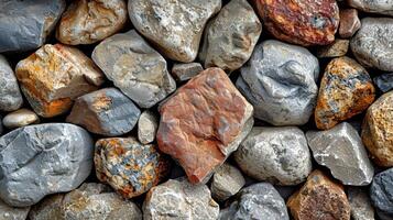 A close up of a stone wall with many different types of rocks photo