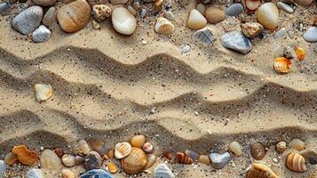 Sandy beach with shells and stones. Ripples in the sand. Various colored seashells and pebbles scattered across the surface. Natural texture of sand. High angle close-up view.. photo