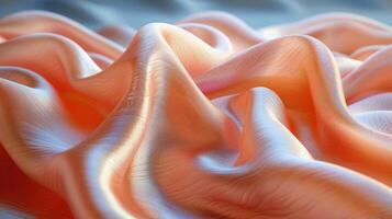 Soft, peach-toned satin fabric draped in folds, highlighting its smooth texture and subtle sheen. photo