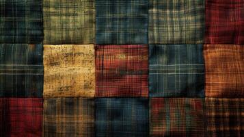 Close-up view of a colorful patchwork quilt, featuring squares of various fabrics in red, green, blue, brown, and yellow tones, with a plaid pattern. photo
