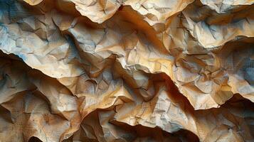 Abstract crumpled paper texture with varied shades of beige and gray. photo