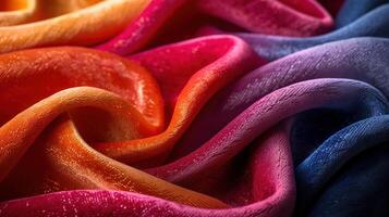 Vibrant, colorful, draped fabric with ombre effect. Wrinkled and textured surface. Close-up view. photo