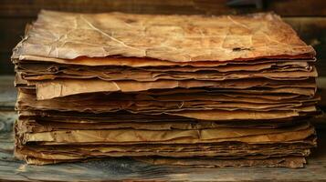 A stack of old brown paper on a wooden table photo