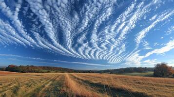 A breathtaking panorama of a vast field with a vibrant sky filled with unusual, striated clouds. Golden grasses blanket the foreground, with a winding path cutting through them. photo