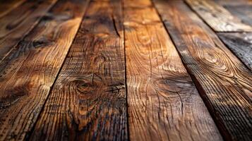 weathered wooden planks. Horizontal wood grain, rich dark brown tones, showing signs of age and use. Natural wood texture with visible knots and patterns. Perfect for background or product display. photo